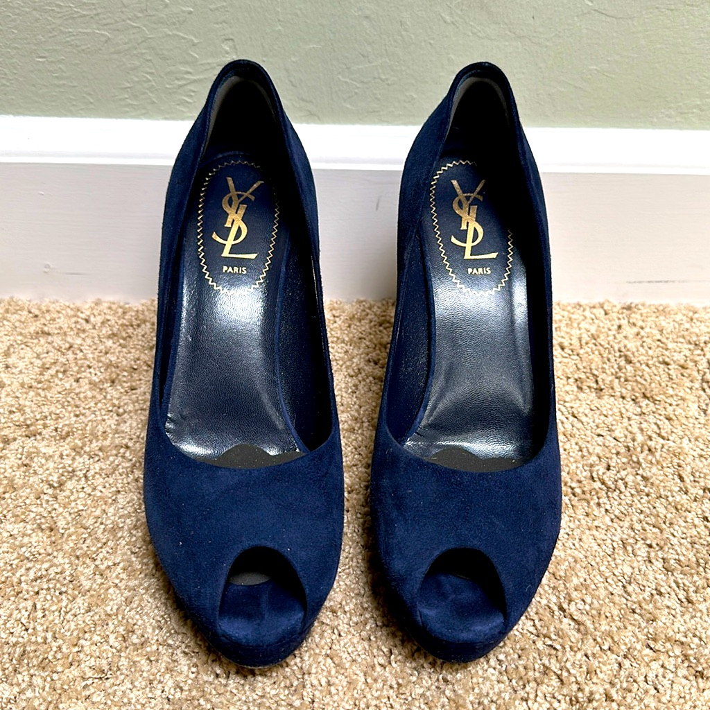 Women’s Ysl Palais 80 Open Toe Pump, Indigo Suede, Size 7.5